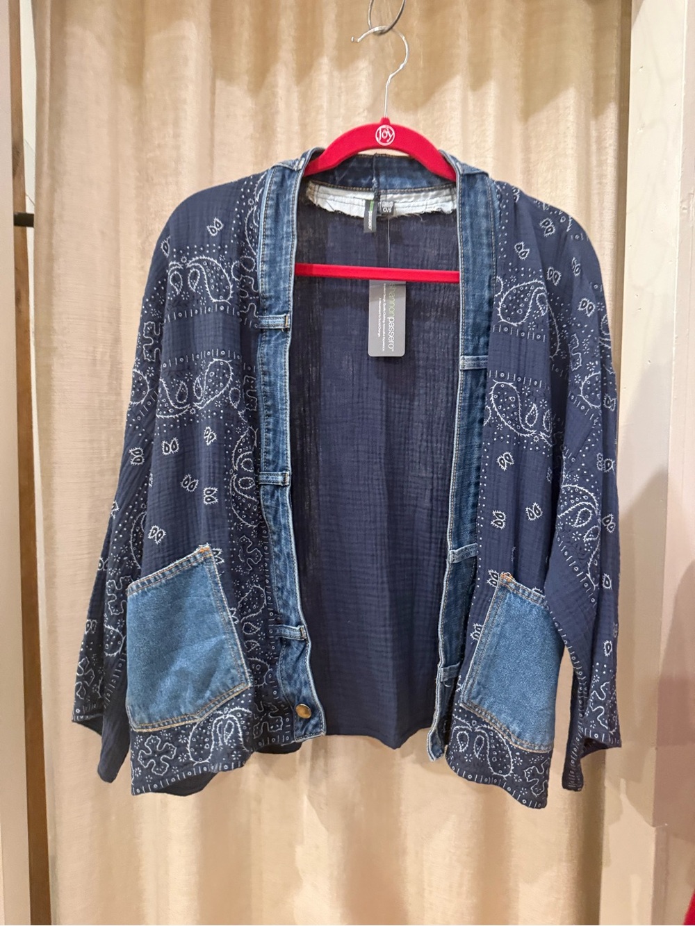 Shannon Passero Navy Bandana-Print Open Front Jean Jacket